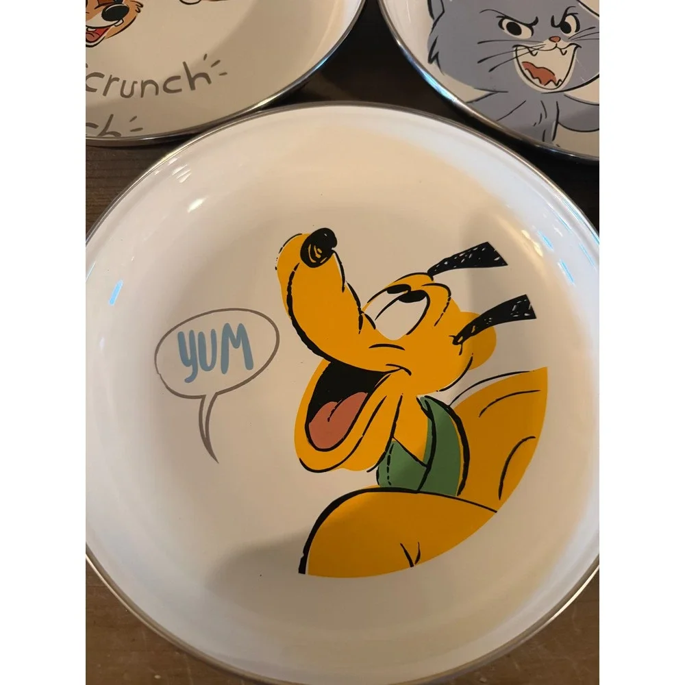 Disney Parks Enamel Plate Set Pluto Chip n Dale Meeko Lucifer Speckleware‎ 4pc